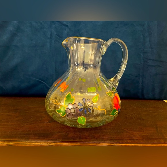 Vtg Handcrafted Lead Crystal Romanian Pitcher Raised Painted Detail Fruit Theme - Picture 5 of 9